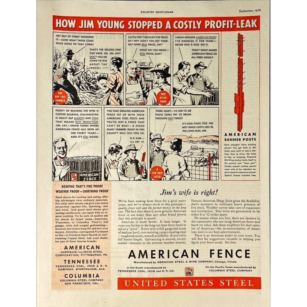 American Steel & Wire Company Fence "Making Farm Fencing" Illustrated Ad 1936
